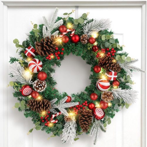 1 24 Inch Prelit Xmas Wreath with Lights, Candy Cane, Eucalyptus Pine Cones, Berry for Front Door, Wall & Windows