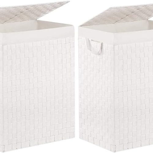 1 Foldable Laundry Hamper Basket with Lid by Fiona's magic, Handwoven 96L Large Clothes Hamper with Removable Liner Bags, Collapsible Tall Hamper for Bedroom, Bathroom and Dorm Organizer, 2Pack, White