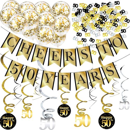 1 50th Birthday and Anniversary Decorations Party Pack - Cheers to 50 Years Banner, Balloons, Swirls and Confetti Party Supplies
