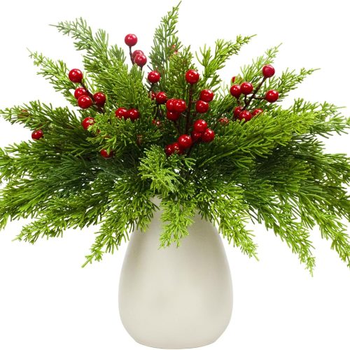 1 45 Pcs Christmas Artificial Pine Branches with Red Berry Stems 13" Faux Evergreen Norfolk Pine Cypress Leaves Stems Fake Foliage Pine Needles Picks for DIY Craft Garland Indoor Home Decor