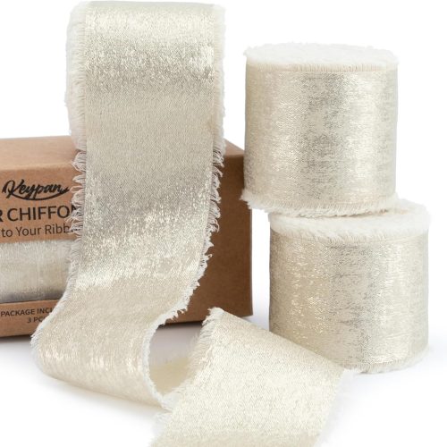 1 Champagne Gold Ribbon, Shimmery Chiffon Silk Ribbons Frayed Edge for Bridal Flower Bouquet Gift Wrapping Wedding Invitations Decor DIY Crafts 1.5" x 15 Yard 3 Rolls