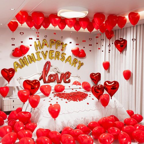 1 Anniversary Balloons Decorations,Happy Anniversary Banner,Red Heart Shaped Balloons,Large Love Balloon,Rose Petals,Latex Balloon for Romantic Nigh Valentines Day Party Supplies