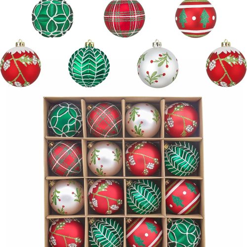 1 Valery Madelyn Christmas Ball Ornaments, 16ct Red Green White Shatterproof Christmas Tree Decorations Set, 3.15 Inch Classic Decorative Hanging Ornaments for Xmas Trees Bulk Holiday Party Decor