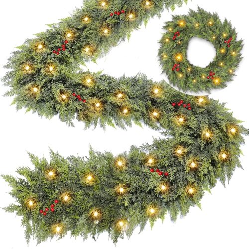 1 Prelit & Thick - 6 Ft by 12 Inch Cedar Garland Artificial Realistic Christmas Garland, 30 LED Lights and Timer, Cypress Pine Garlands Red Berries for Fireplace Mantle Table Indoor Outdoor Xmas Decor