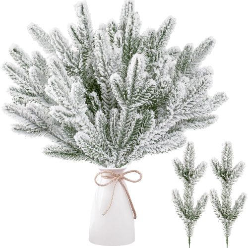 1 Sggvecsy 30 Pcs Snow Frosted Artificial Pine Branches Christmas Snowy Pine Needles Fake Greenery Pine Spray Picks for DIY Crafts Garland Wreath Xmas Embellishing Home Holiday Decoration
