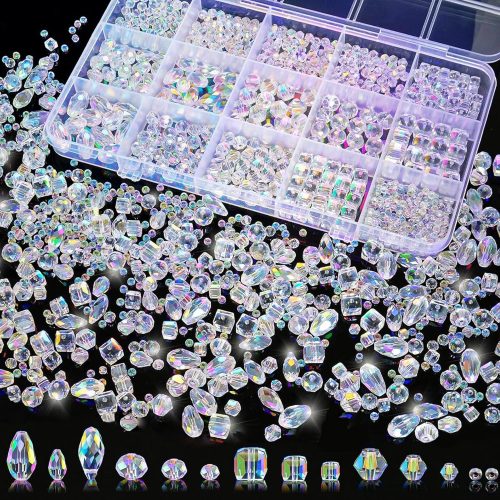 1 1500 Pcs Crystal Glass Beads for Jewelry Making – 12 Styles Bicone, Rondelle, Cube, Teardrop & 3mm Spacer Beads, DIY Bracelet Necklace Earring Craft Kit with Organizer Box(AB Color)