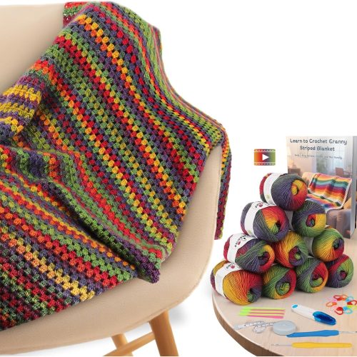 1 Aeelike Crochet Blanket Kit for Beginners, Vintage Rainbow Blanket, Complete Starter Crochet Kit w Enough & Warm Ombre Wool Yarn, Videos Tutorials, Easy Knitting Kits for Adults
