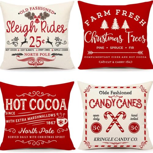 Farmhouse Christmas Pillow Covers 18x18 Set of 4 Winter Holiday Decorations Xmas Red White Rustic Throw Cushion Case for Sofa Couch Home Decor (Sleigh Rides, Farm Fresh Tree, Cocoa, Candy Canes)