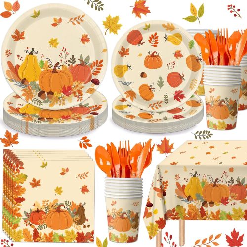 1 169Pcs Thanksgiving Party Supplies Fall Themed Party Set Includes Plates, Cups, Napkins, Tablecloth, Cutlery for Autumn Pumpkins Fall Dinner Party Decorations, Serves 24