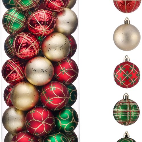 1 Valery Madelyn Christmas Ornaments Set, 35ct 2.36 Inches Red Green and Gold Shatterproof Christmas Tree Decorations, Luxury Hanging Ball Ornaments Bulk for Xmas Holiday Party Decor