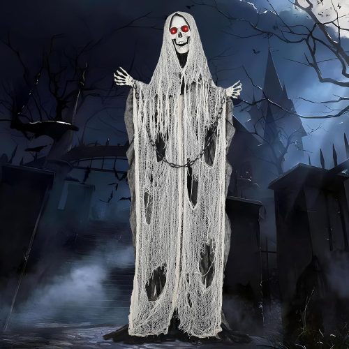 1 Life-Size Animated Grim Reaper Halloween Decorations Outdoor, Halloween Animatronic with Touch and Sound Activated Lights and Sounds, Battery Operated Prop Decor Haunted House Yard