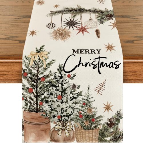 1 Artoid Mode Xmas Trees Holly Pine Cone Merry Christmas Table Runner, Seasonal Winter Kitchen Dining Table Decoration for Home Party Decor 13x72 Inch