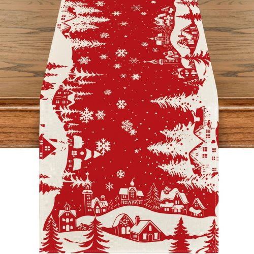 1 Artoid Mode Igloo Pine Snowflake Silhouette Christmas Table Runner, Seasonal Winter Kitchen Dining Table Decor for Home Party 13x72 Inch