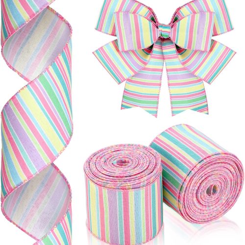 1 2 Rolls 20 Yards Spring Wired Edge Ribbon Horizontal Stripe Wired Edge Pastel Stripe Canvas Ribbon Spring Decorative Craft for Wrapping Easter Christmas Party Crafting
