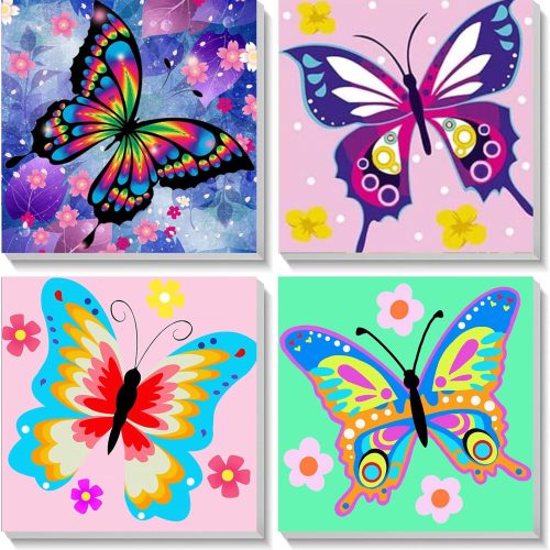 1 4 Pack Butterfly Paint by Number for Kids with Wooden Frame, Paint by Numbers for Kids Butterflies Ages 4-8-12, Easy Painting with Numbers DIY Acrylic Oil Painting Kits for Home Wall Decor (8X8 inch)