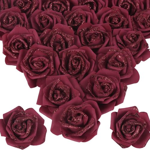 1 100pcs Burgundy Glitter Roses 2.56" Foam Glitter Flowers Fake Roses Artificial Roses for Bridal Shower Centerpieces DIY Wedding Flower Floral Arrangements