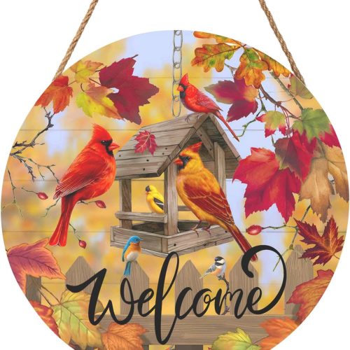 1 Harooni Fall Cardinal Sign for Front Door Decor, Autumn Maple Leaves Wood Door Hanger for Outdoor Outside Porch, Thanksgiving Farmhouse Wooden Wreath Indoor Wall Hanging Decoration 12"x12"