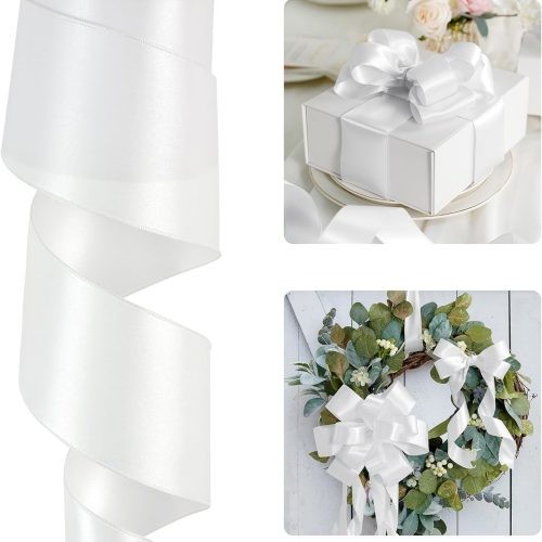 1 HUIHUANG White Wired Satin Ribbon 2.5 inch White Double-Faced Satin Wire Ribbon for Bows Making, Wreaths, Gift Wrapping, Holiday Home Decor, Crafts, Christmas Tree Bows-Continous 10 Yards