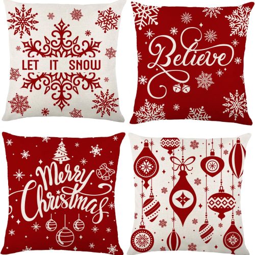 1 YUJUN 4 Pack Buffalo Plaid Red Christmas Throw Pillow Covers, 18x18in, Perfect for Living Room, Bed, Sofa, Car, Seat, Floor, Bench, Office, Cafe, Party, Christmas, Outdoors