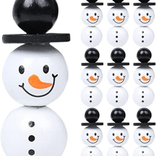 1 Christmas Wooden Beads Xmas Snowman Wood Round Bead White Black Wooden Beads with Snowman Face Pattern for DIY Crafts Christmas Supplies