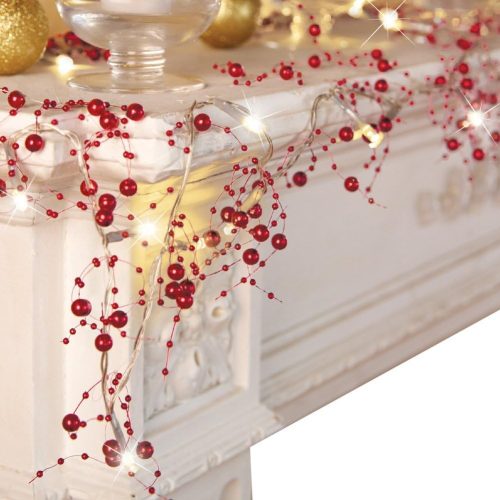 1 Collections Etc Indoor Christmas Decorations, Festive Lighted Berry Beaded Garland Gold- 120" L