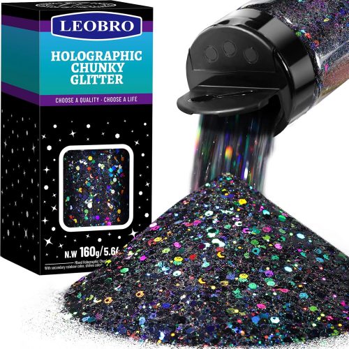 1 LEOBRO Black Glitter, 160g/5.64oz Holographic Chunky Glitter for Crafts, Resin, Body Nail, DIY Decorations, Holographic Black