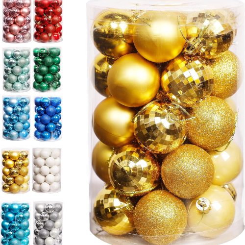 1 Lulu Home Christmas Ball Ornaments, 34 Ct 1.57" Pre-Strung Hanging Ornament Decorations, Xmas Shatterproof Plastic Balls for Holiday Party Wreath Garlands Trees, Golden
