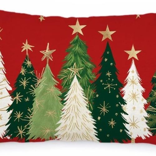 1 AACORS Christmas Pillow Cover 12X20 Inch Watercolor Christmas Tree Stars Decoration Holiday Farmhouse Winter Pillow Case for Sofa Couch Decor(Red) AA231-12-N