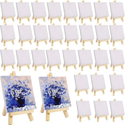 1 32 Pack Canvas and Easel, 4 x 4 Inch Stretched Canvases Small Painting Canvas with Mini Easel, Art Canvases for Kids Painting Party Craft Acrylic Pouring Oil Water Color