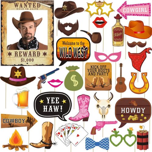 1 33pcs Western Cowboy Cowgirl Photo Booth Props, Wild West Themed Party Decoration, Texas Theme Props with Wanted Sign for Country Party, Cowgirl Bachelorette Party, Rustic Party, Cowboy Party Supplies