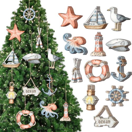 1 36 Pcs Summer Tree Ornaments, Ocean Nautical Wooden Ornaments Sailboat Lighthouse Hanging Summer Decor for Small Tree Home Party Birthday Holiday Supplies (Octopus)