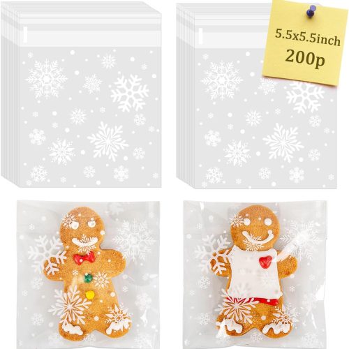 1 CUDICY Christmas Cookie Bags 200pcs Snowflake Cellophane Treat Bags 5.5x5.5 Self Adhesive Cookie Bag for Gift Giving Packaging Candy Goodie Holiday Homemade Bakery