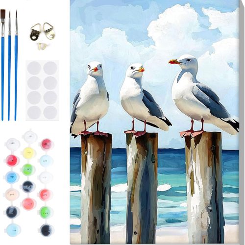 1 Bowetile Framed Paint by Numbers Seagull for Adults Beginners, Adults' Paint-by-Number Seagull Kits, Easy Adult Paint by Number Kits on Canvas, Acrylic Animals Number Painting for Home Decor, 8x12in