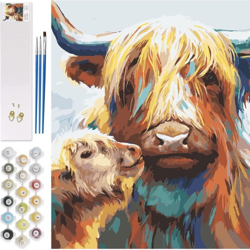 1 Petrala Paint by Numbers for Adults Canvas Highland Cow DIY Acrylic Adult Paint by Number Kits Colorful Mom Baby Cow Paintworks Animals Artwork Without Frame, 16x20 Inch