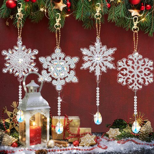 1 4 Pcs 5D 9.7x3 inch Christmas Diamond Painting Kits DIY Point Drill Diamond Painting Wind Crystal Wind Chimes Double Snowflake Ornaments with Crystal Pendant for Home Garden Hanging Decor(White)