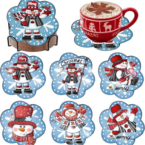 Meothan 6 Pcs Diamond Art Coaster Kits With Holder - Christmas Snowman Diamond Painting for Adults Beginners - 5D Gem Art Dots Paintings With Cork Pads - Crafts Supplies