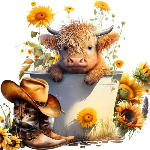 igoodom Cow Diamond Art Kits for Adults, Highland Cow Diamond Art Kits, Full Drill Round Sunflower Diamond Painting Kits, DIY Gem Art and Crafts for Home Wall Decor Gift 14x14inch