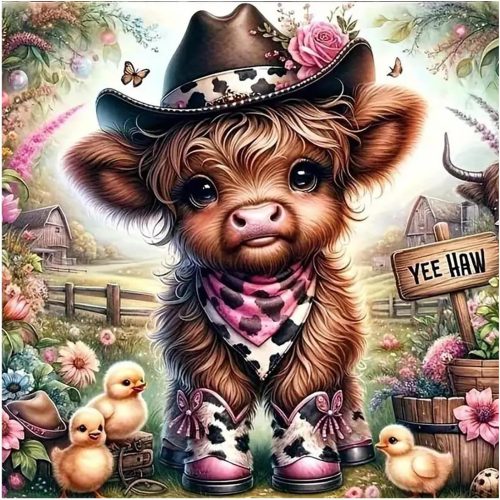 Diamond Art Kits for Adults Beginner,Highland Cow DIY Diamond Painting Kits Western Cowboy Girl Diamond Dots Gem Art Crafts with Tools,Round Full Drill Funny Crafts for Home Wall Decor&Gift 5D 12x12in