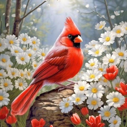 Stalente Diamond Painting Kits for Adults Cardinal, 5D DIY Diamond Art Kits for Beginners Round Full Drill Diamond Painting for Home Wall Decoration Gift 12×12inch, Daisy Flower Bird