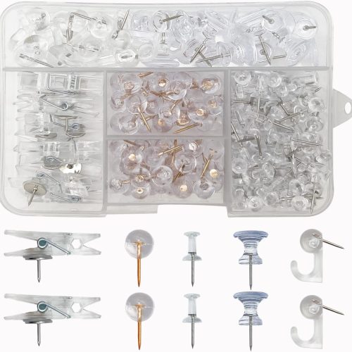 Clear Push Pins Set, 200PCs Transparent Thumb Tacks & Push Pins Hooks Decorative for Cork Board Wall Map Bulletin Boards (5 Styles, Clear)