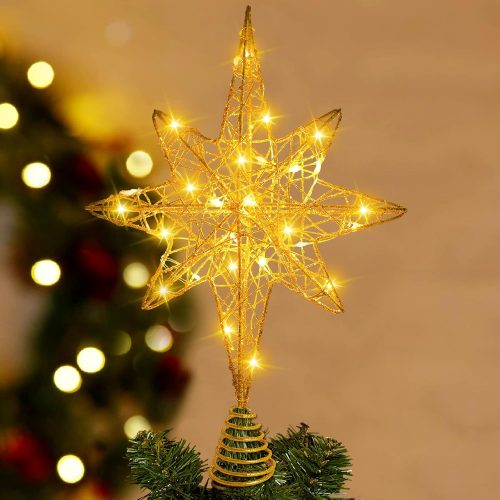 1 Christmas Tree Topper Lighted 13.5” Gold Star Tree Toppers with 20 LED Lights Christmas Tree Top Ornament for New Year Holiday Home Office Indoor Decorations