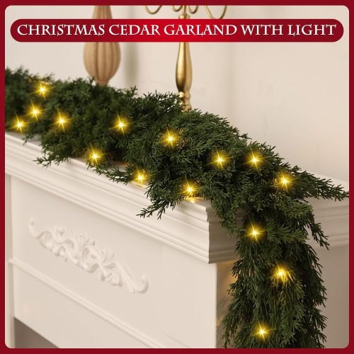 1 1 Pack LED Christmas Cedar Garland Lighted Artificial Pine Cypress Vines Faux Christmas Evergreen Mantle Fireplace Cascading Garland for Indoor Outdoor Table Stairs Winter Decoration (6 ft)