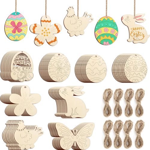 1 80PCS Wooden Easter Ornaments to Paint, 8 Styles DIY Blank Unfinished Wood Cutouts Ornament for Crafts Hanging Decorations, Egg Rabbit Bunny Butterfly Flower Hen Happy Easter