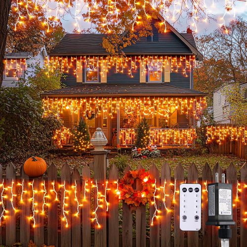 Orange Thanksgiving Lights Outdoor, 38.8 FT 400 LED Orange Icicle Lights Outdoor Waterproof, 8 Modes String Light Plug in for Fireplace Tree Garden Patio Thanksgiving Fall Halloween Decor