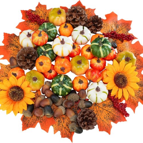 1 68 Pcs Assorted Mini Artificial Pumpkins with Maple Leaves Pinecones Acorns Sunflowers Berries Fall Decorating Kit for Fall Wedding Thanksgiving Halloween Table Centerpiece Wreaths Vase Bowl Fillers