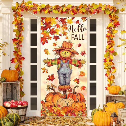 1 Fall Door Banner Cover Scarecrow Pumpkin Leaves Hanging Banner Autumn Photo Background for Thanksgiving Party Home School Classroom Supplies, 31.5 x 67 Inch