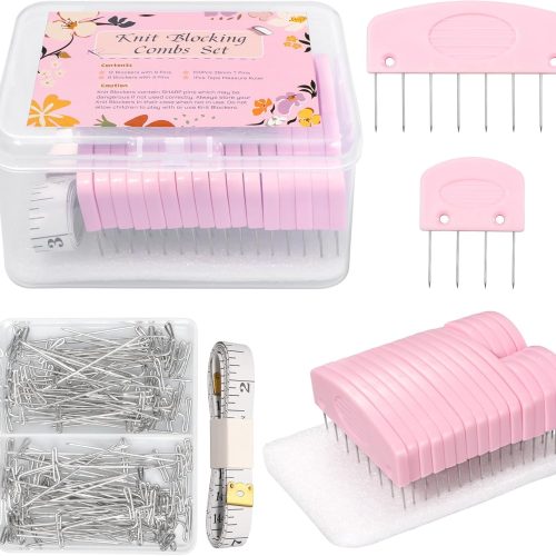 1 120 Pcs Knit Blocking Combs Pins Kit, 20Pcs Pink Color Knit Blockers Pins Kit, 100 T-pins for Blocking Knitting Crochet, Needlework Projects, Knitting Block Pins Tool for Blocking Mats