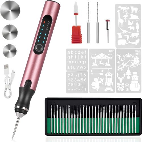 1 Electric Engraving Pen with 37 Bits, USB Rechargeable Cordless Engraving Machine, Portable DIY Rotary Engraver for Jewelry Wood Glass Stone Carving (Rose red)
