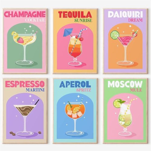 1 6 Pack Retro Cocktail Paint by Numbers Kit for Adults Beginner,Vintage Easy Paint by Number on Canvas,Acrylic oil watercolor Painting kit Arts and Crafts for Bar Party Room Wall Decor (8x12 inch)