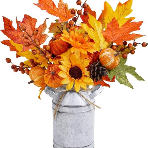 1 Winlyn 15" Farmhouse Fall Floral Arrangement in Vintage Galvanized Milk Can Orange Artificial Pumpkin Sunflower Berry Pinecone and Maple Leaf Picks for Autumn Thanksgiving Harvest Table Centerpiece